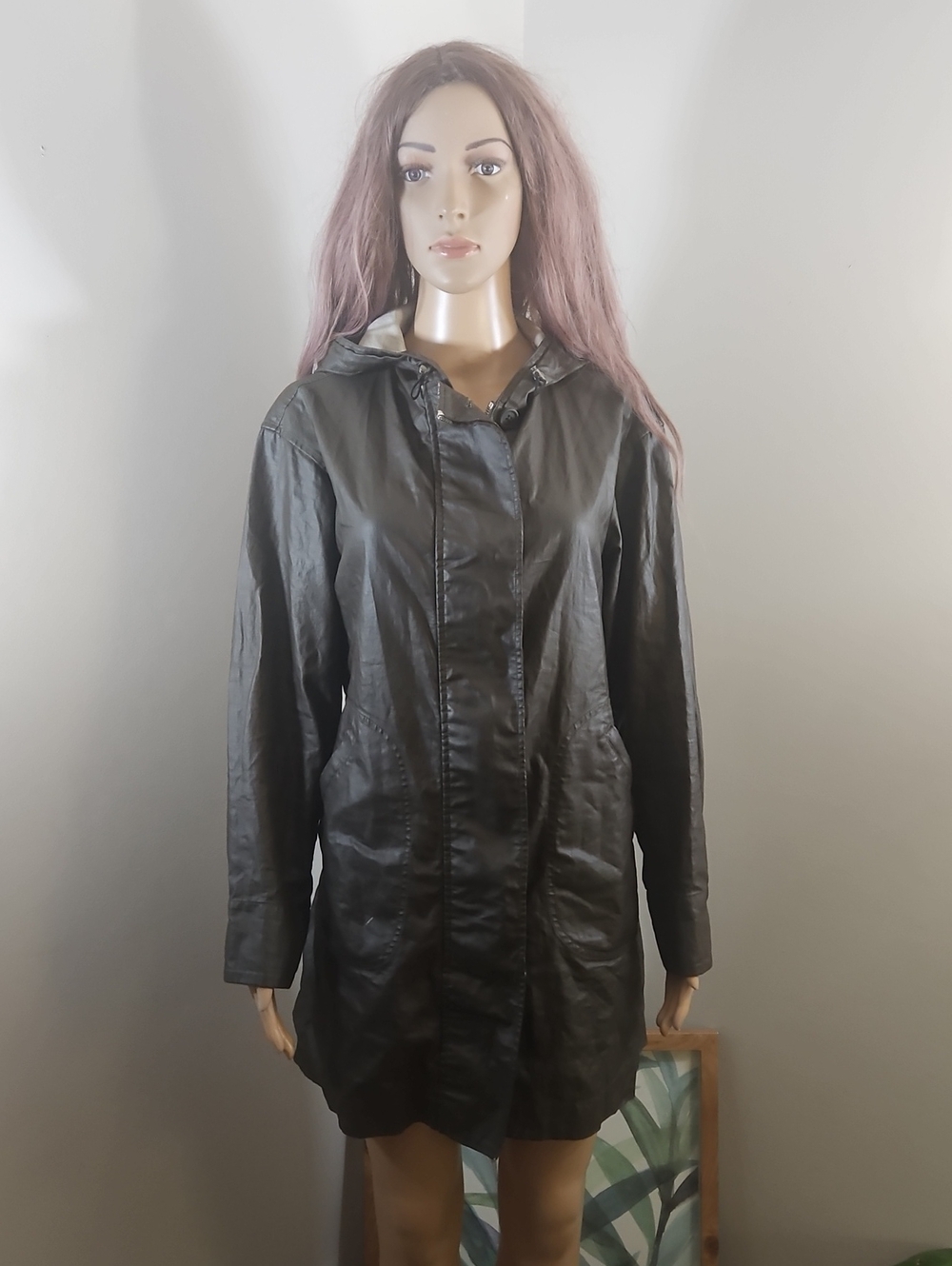 Theory Dark Brown Hooded Linen Faux Leather Windbreaker Jacket